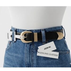 Jason Wu Black Genuine Leather Belt Gold Western Ribbed Buckle JB122505 Size L